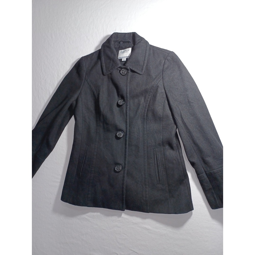 Nautica Black Wool Blend Button Front Jacket Coat Women's Size Large